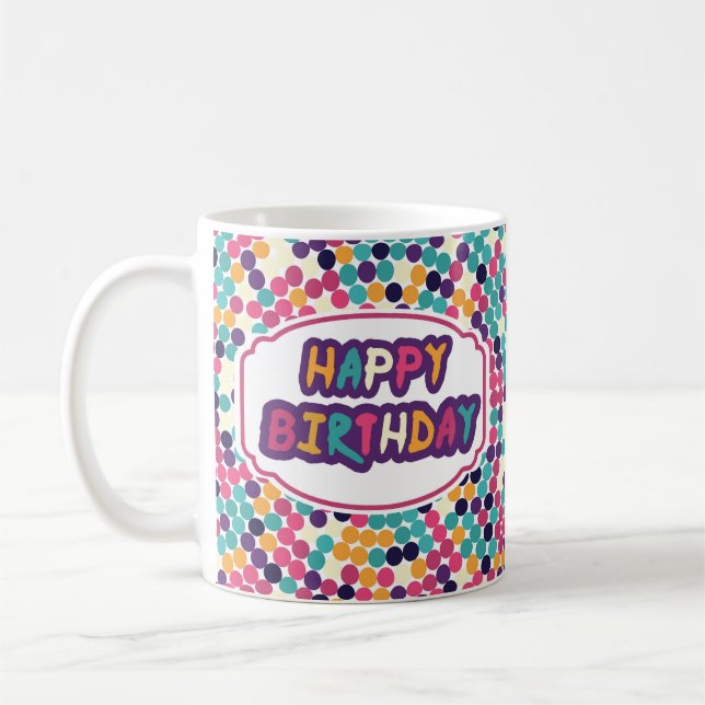 Happy Birthday with Custom Text Red Green Circles Coffee Mug (Left)