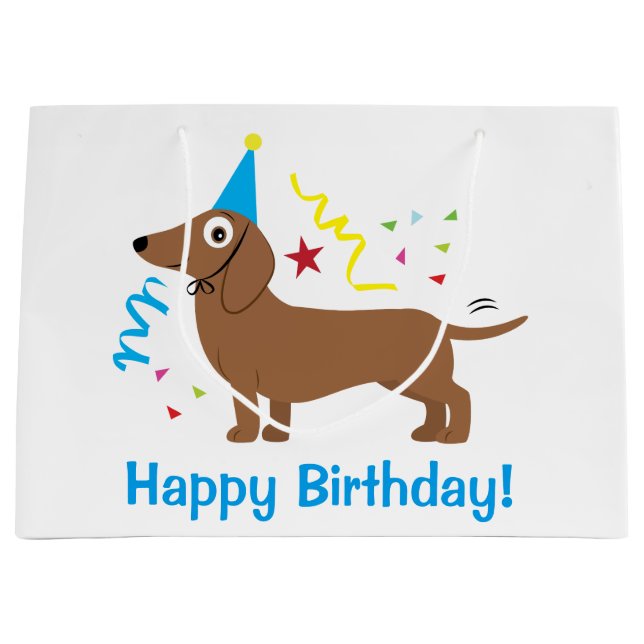 Happy Birthday with Dachshund in Party Hat Large Gift Bag (Front)