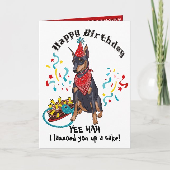 Happy Birthday with  Doberman  Dog in Red Bandana Card (Front)