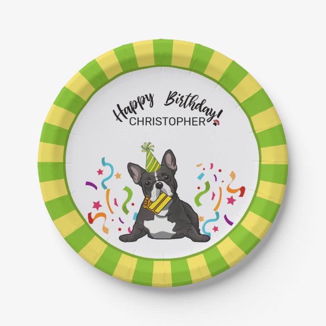 Happy Birthday with  French Bull Dog  Party Paper Plate (Front)