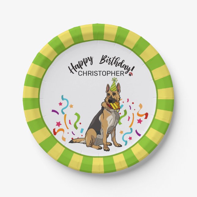 Happy Birthday with  German Shepherd Dog  Party Paper Plate (Front)