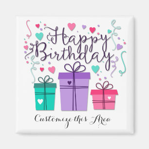 "Happy Birthday With Gift Boxes" Customise Magnet