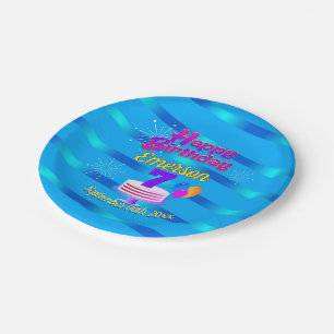 Happy Birthday with Gradient Stripes on BLUE Paper Plate