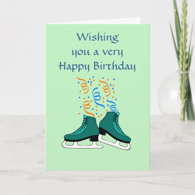Happy Birthday with iceskates and ribbons Card (Front)