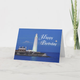 Happy Birthday with Lighthouse, on blue Card
