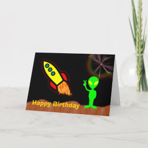 Happy Birthday with martian alien for boy rocket Card