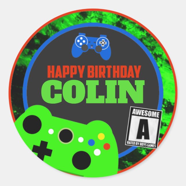 Happy Birthday with Name Video Gamer Birthday Classic Round Sticker (Front)