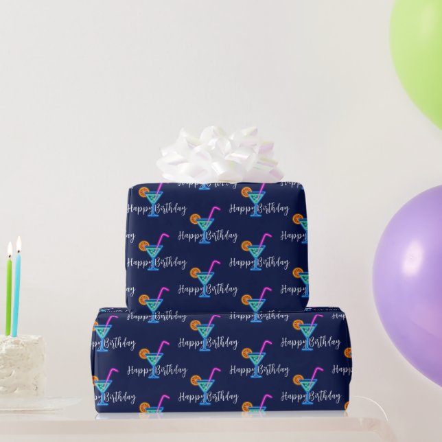 Happy Birthday With Neon Cocktail Wrapping Paper (Party Gifts)