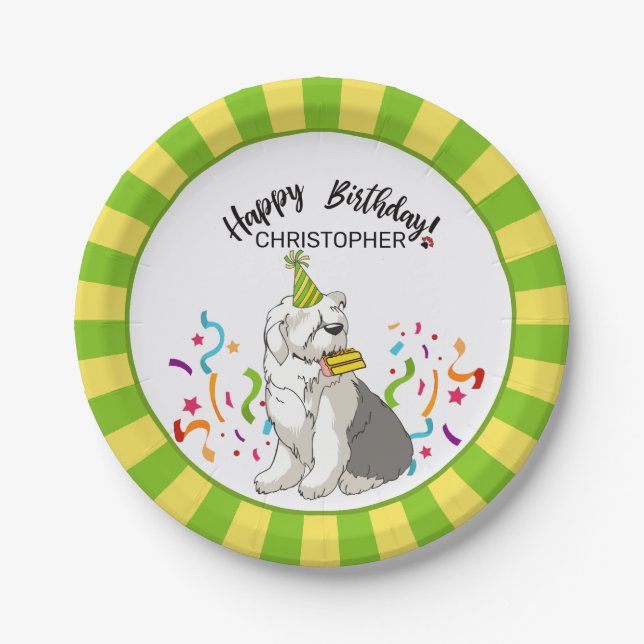 Happy Birthday with  Old English Sheep Dog  Party Paper Plate (Front)