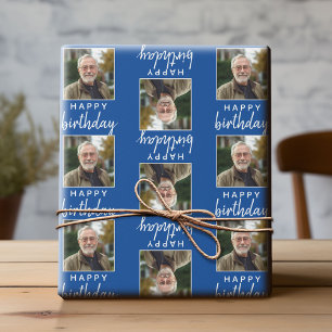 Happy Birthday with One Square Photo - blue Wrapping Paper