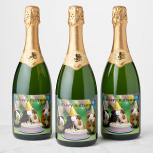 Happy Birthday With Party Guinea Pigs, Sparkling Wine Label