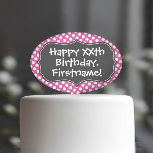 Happy Birthday with Polka Dot Pattern - pink grey Cake Picks