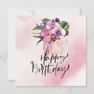Happy Birthday with purple orchid watercolor