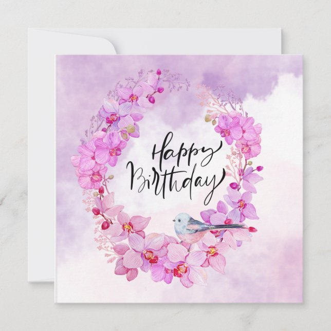 Happy Birthday with purple orchid watercolor  (Front)