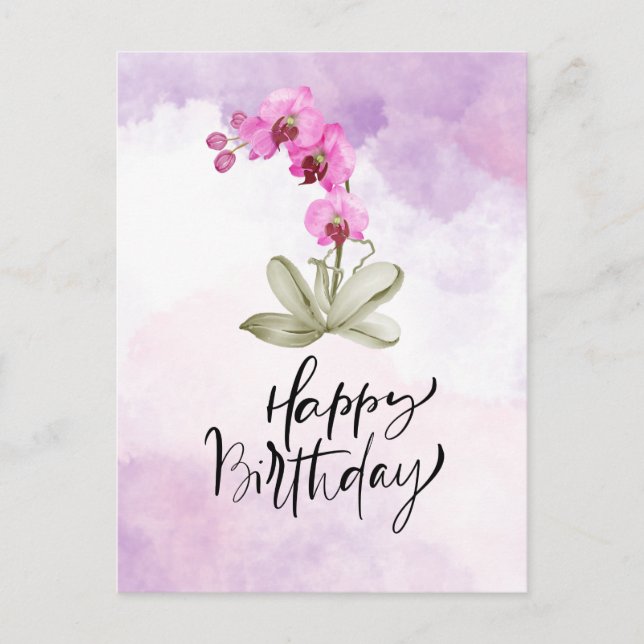 Happy Birthday with purple orchid watercolor Postcard (Front)