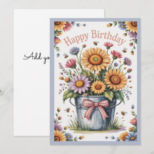 Happy birthday with sunflowers daisies and bees holiday card