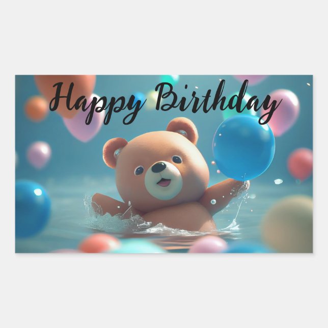 Happy Birthday with Teddy Bear and Balloons Rectangular Sticker (Front)