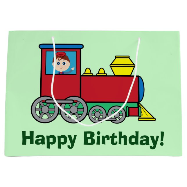 Happy Birthday with Train and Waving Boy Large Gift Bag (Front)