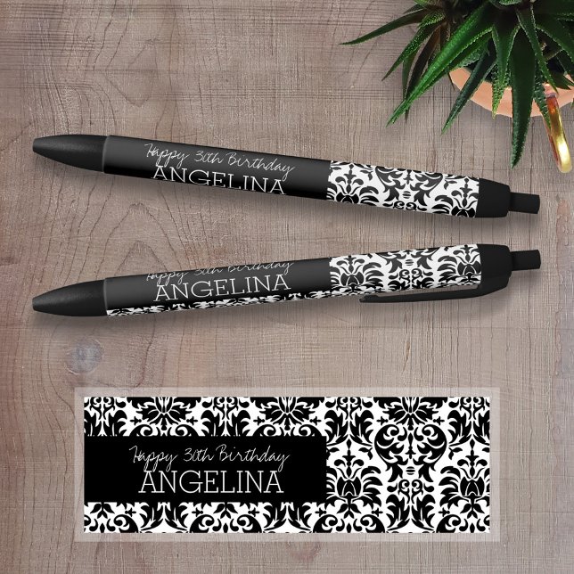 Happy Birthday with Trendy Black and White Damask Black Ink Pen (Personalized Pens)