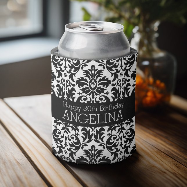 Happy Birthday with Trendy Black and White Damask Can Cooler (Personalized Can Cooler - Add Custom Text or Name)