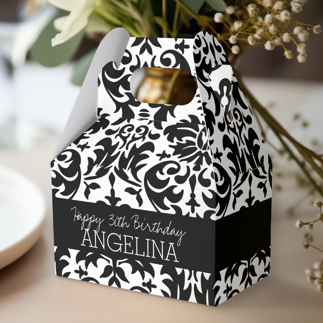 Happy Birthday with Trendy Black and White Damask Favour Box (Personalized favor box - birthday party)