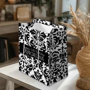 Happy Birthday with Trendy Black and White Damask Medium Gift Bag