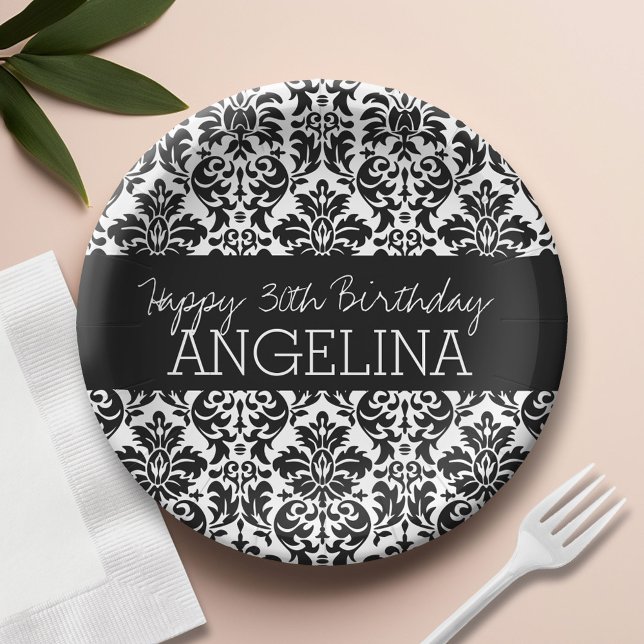 Happy Birthday with Trendy Black and White Damask Paper Plate (Custom Paper Plate)