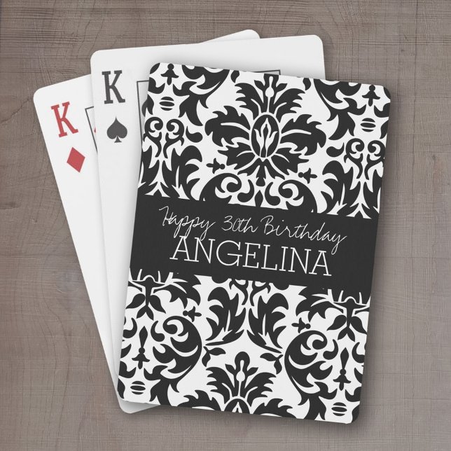 Happy Birthday with Trendy Black and White Damask Playing Cards (Personalized playing cards - Fun Birthday Design)