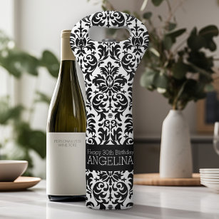 Happy Birthday with Trendy Black and White Damask Wine Bag