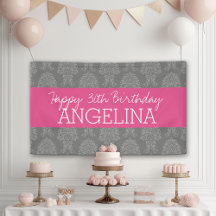 Happy Birthday with Trendy Grey and Pink Damask