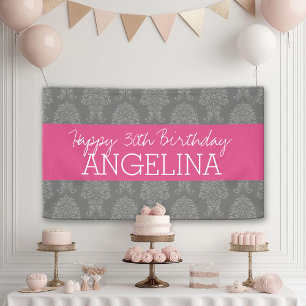 Happy Birthday with Trendy Grey and Pink Damask Banner