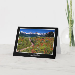 Happy Birthday with view of mountains and flowers Card