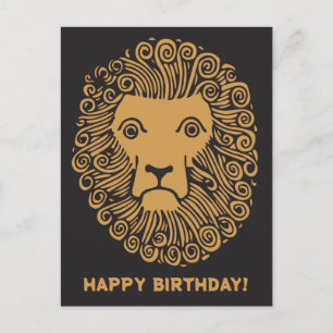 Happy Birthday with Vintage Lion Face Drawing Postcard