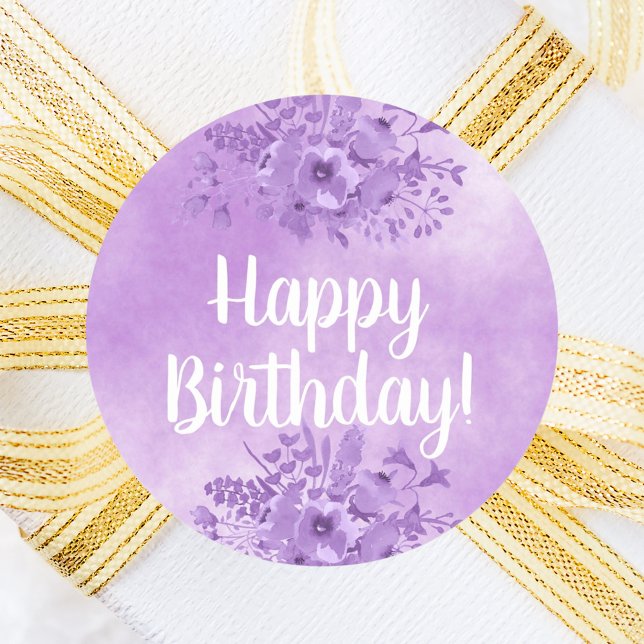 Happy Birthday with violet watercolored flowers Classic Round Sticker (Creator Uploaded)