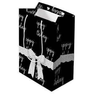 Happy Birthday With White Bow on Black Medium Gift Bag