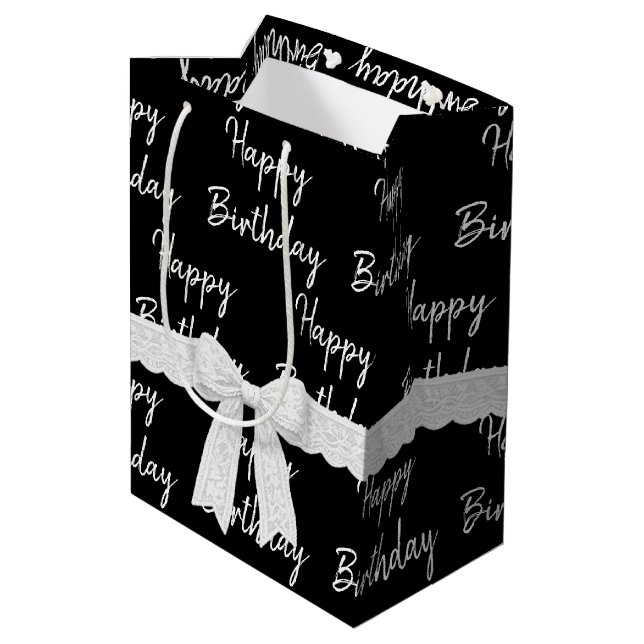 Happy Birthday With White Bow on Black Medium Gift Bag (Back Angled)