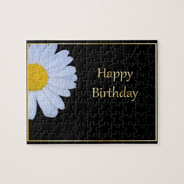 Happy Birthday with White Flower and Black Bkgrd Jigsaw Puzzle (Horizontal)