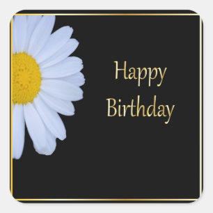 Happy Birthday with White Flower and Black Bkgrd Square Sticker