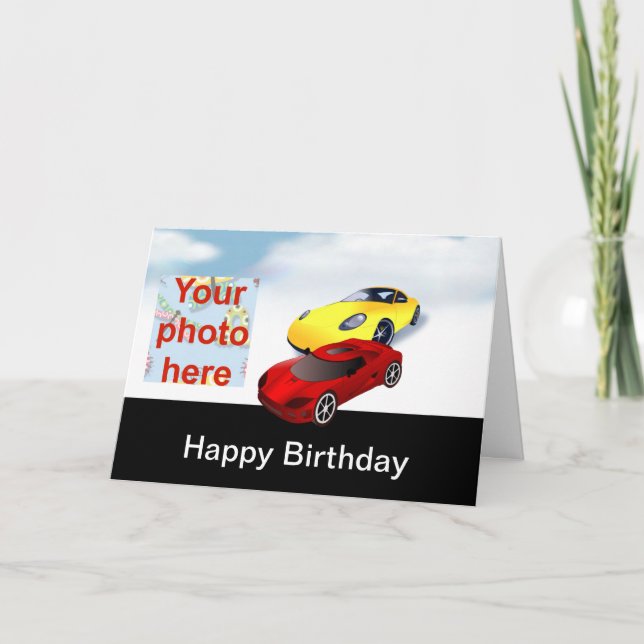 Happy birthday with yellow and red racing cars card (Front)