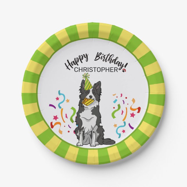 Happy Birthday with Your Border Collie Dog  Party Paper Plate (Front)