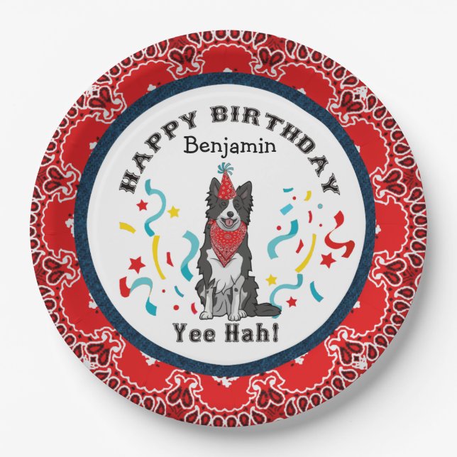 Happy Birthday with Your Border Collie Red Bandana Paper Plate (Front)