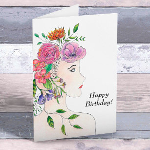 Happy Birthday Woman With Flowers Illustration Card