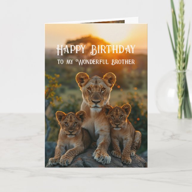 Happy Birthday Wonderful Brother Lion Animal Fun Card (Front)
