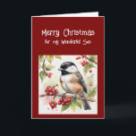 Happy Birthday Wonderful Son Chickadee Bird Holiday Card<br><div class="desc">Happy Birthday Wonderful Son with cute Chickadee bird eating rose hips</div>