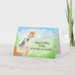 Happy Birthday Wonderful Twin Brother, Bird Flower Card<br><div class="desc">Wish a wonderful twin brother a birthday that is as wonderful as he is with this heartfelt greeting card "from Both of Us" featuring a colourful digitised watercolor scene of a grey bird holding a bouquet of multi-coloured flowers in front of a bright background of lush green hills and bright...</div>