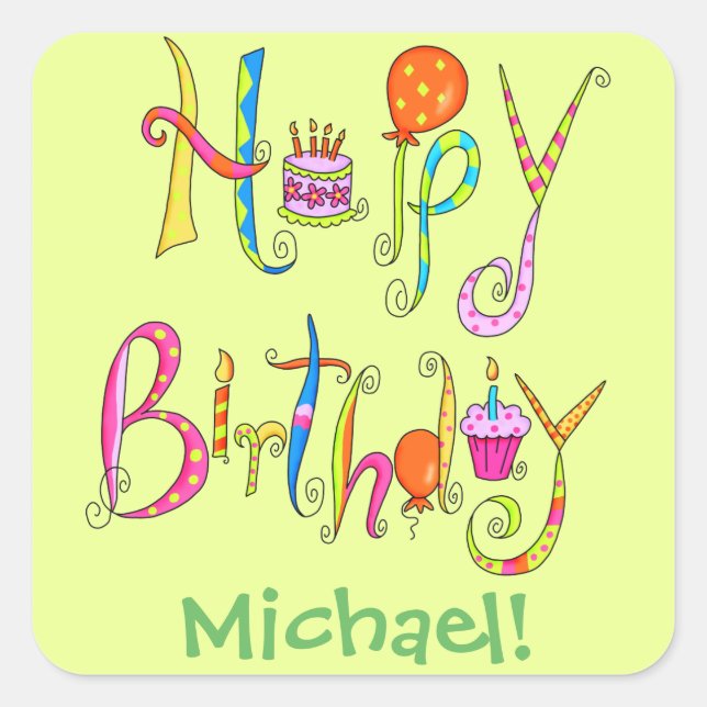 Happy Birthday Word Art Green Name Personalised Square Sticker (Front)