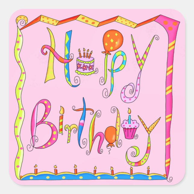 Happy Birthday Word Art Pink Balloon Art Square Sticker (Front)