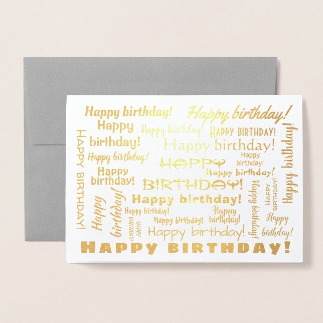 Happy Birthday Word Cloud Typography Gold Foil Card (Front With Envelope)