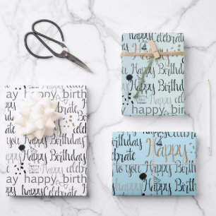 Happy birthday words Black White Blue Mint Wrapping Paper Sheet