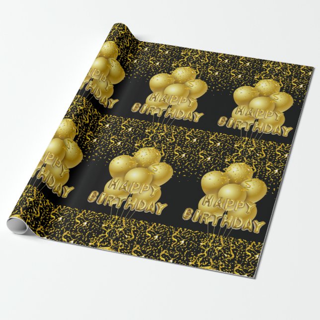 Happy Birthday Wrapping Black Gold Balloons Wrapping Paper (Unrolled)